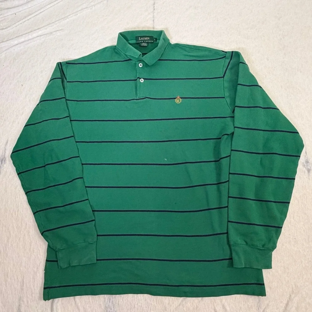 Lauren Ralph Lauren‎ Men's Polo Shirt Green Striped Long Sleeve Size L